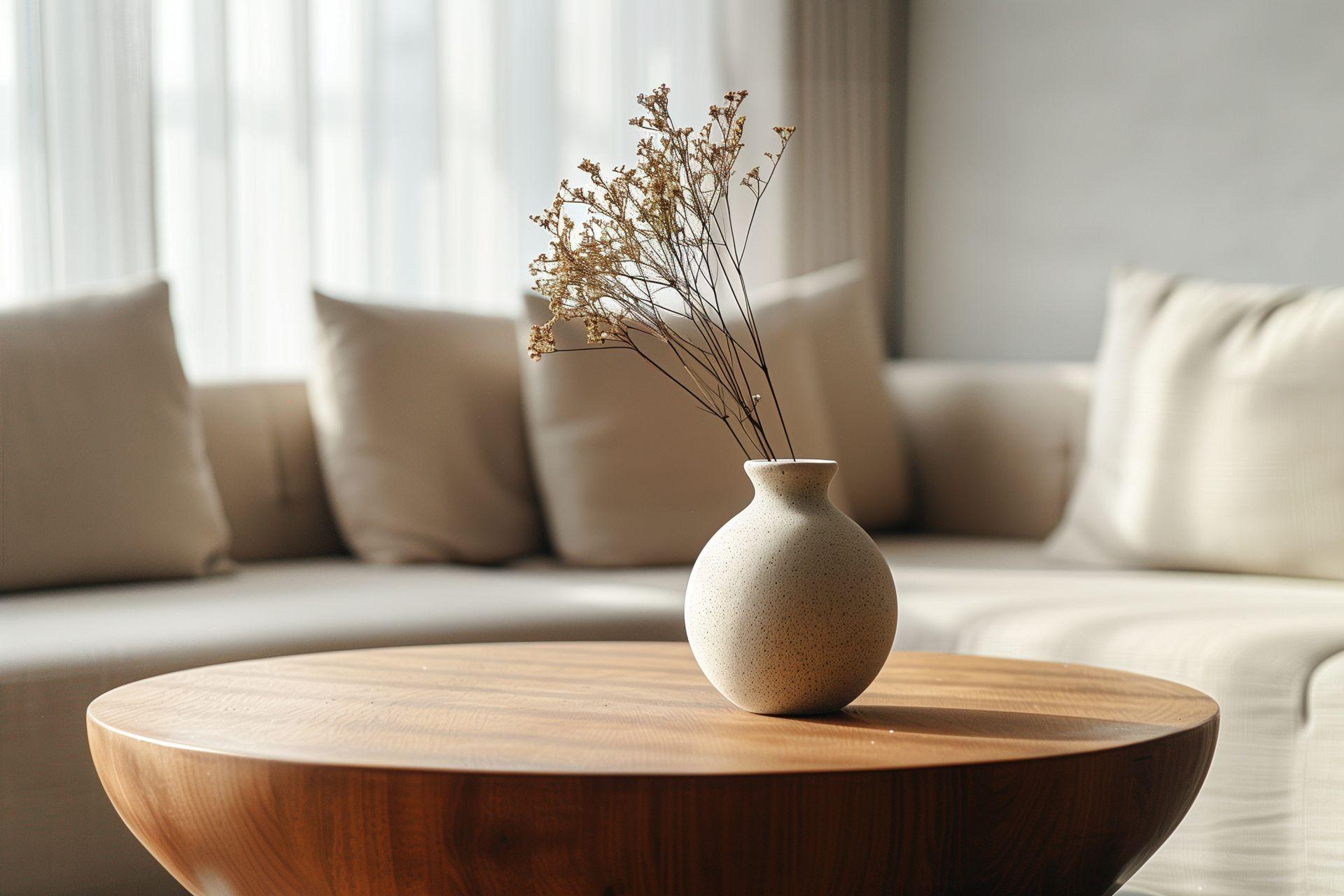 Nahaufnahme eines schlichten, runden Couchtischs aus Holz mit einer minimalistischen Vase, platziert in einem hell eingerichteten Wohnzimmer.