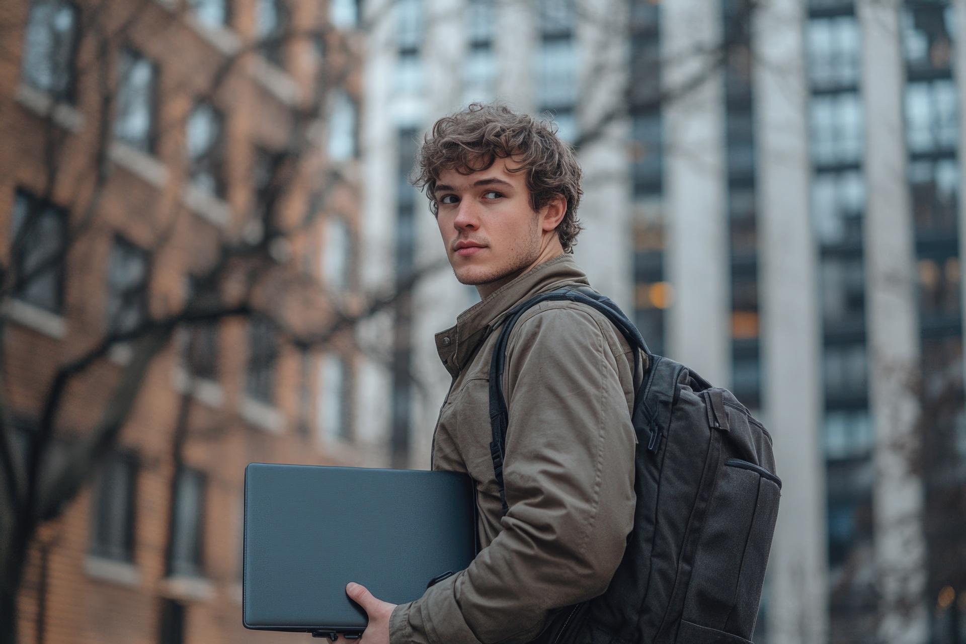 Junger Mann mit Laptop in der Stadt | Amazon Agentur

