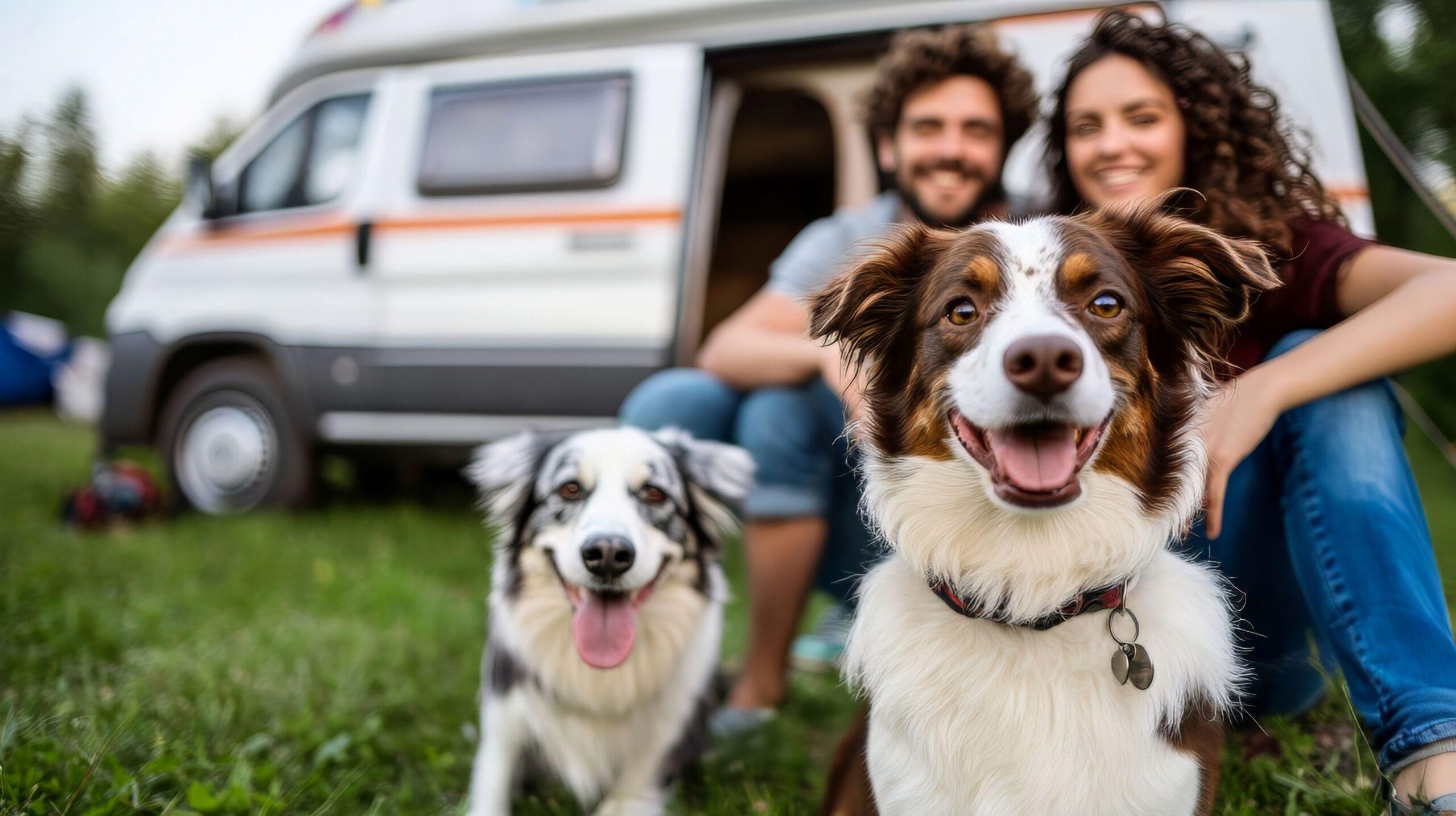 Glückliches Paar campt mit zwei Hunden neben dem Wohnmobil an einem sonnigen Tag