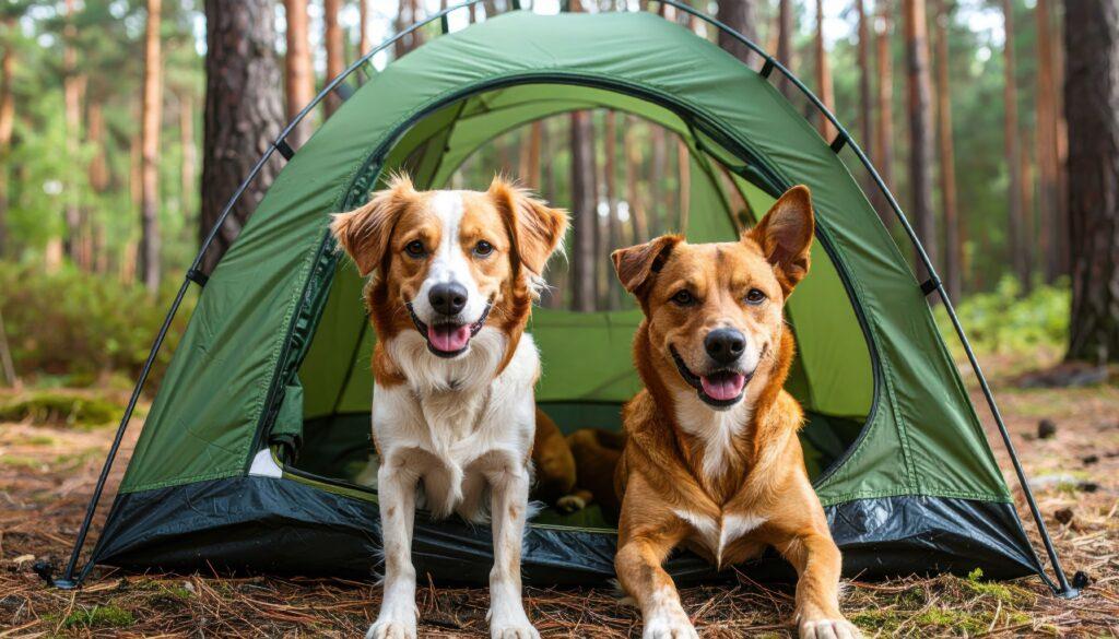 Zwei Hunde, die zusammen in einem grünen Campingzelt im Wald sitzen, symbolisieren Kameradschaft, Ökotourismus und einen Outdoor-Lifestyle.